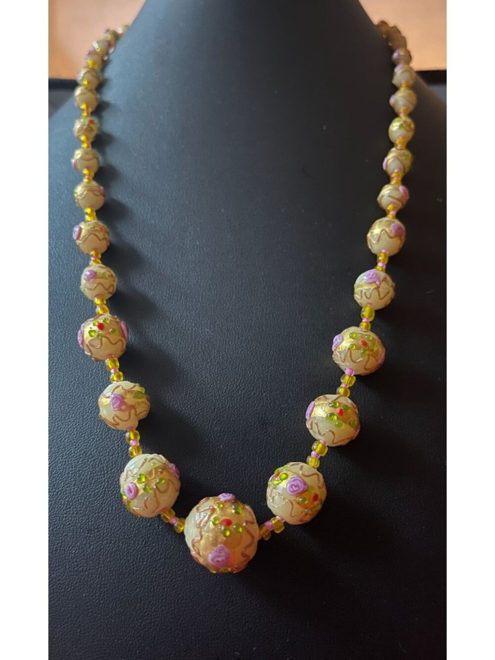 Vtg Venetian Murano Wedding Cake Glass Beaded Necklace With Pink & Gold Accents